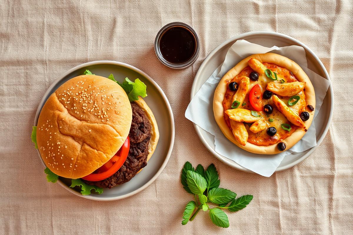 Hambúrguer caseiro e pizza caseira de frango
